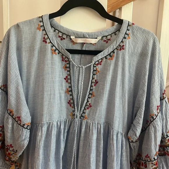 Zara Boho Mini Dress Blue and White Striped Embroidered size Small - Picture 10 of 12